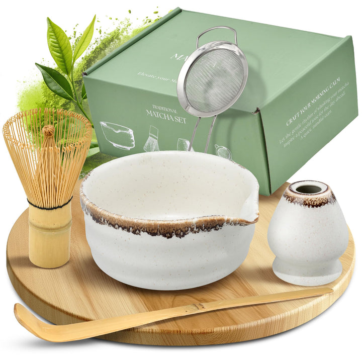 comforder Matcha Set mit Besen – Komplett mit Matchaschale mit Ausgiesser, Chasen, Halter, Löffel un