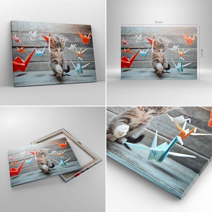 Bilder auf Leinwand Katze spass origami Leinwandbild mit Rahmen 70x50cm Wandbilder Dekoration Wohnzi