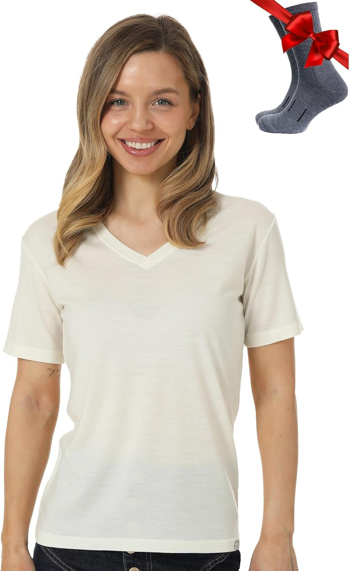 Merino.tech 100% Merino T Shirt Damen - Merinowolle Sport Wandern Thermoshirt Damen + Wandersocken C