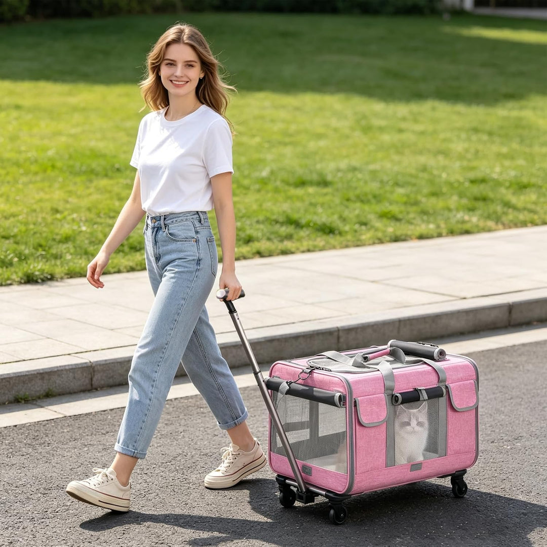 PETCUTE Transporttasche für Katze mit Rollen,Atmungsaktiv Katzen Transporttasche für 2 Katzen,Faltba