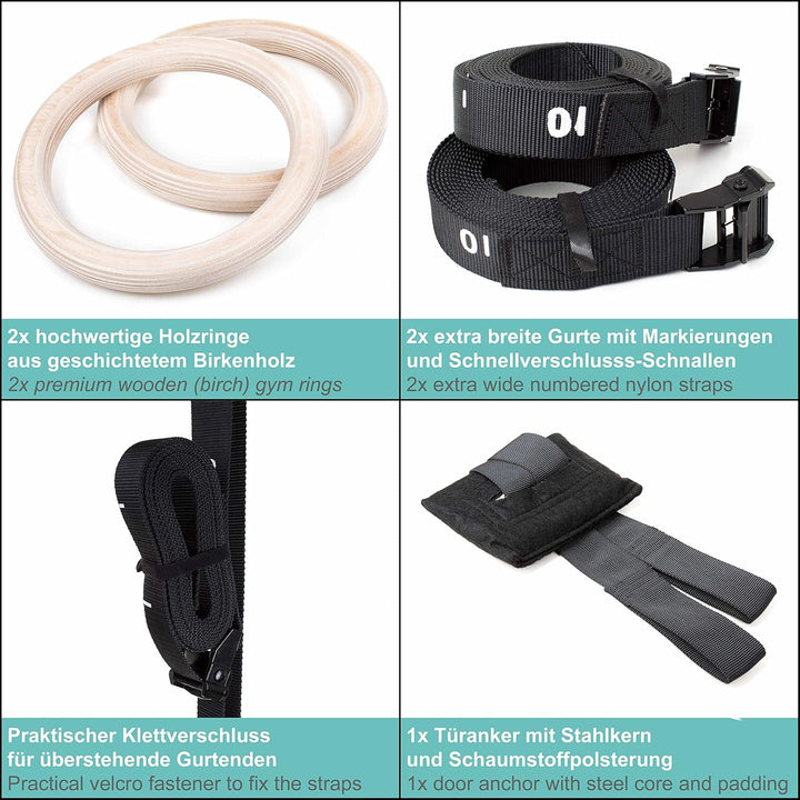 PULLUP & DIP Premium Turnringe Holz, Gym Rings Gymnastikringe, Turnerringe für Calisthenics, Breite