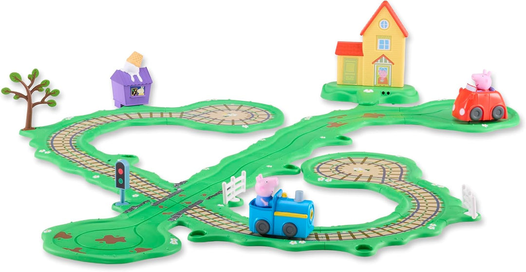 Peppa Wutz Whizz Around Spielset Flotte Stadt – Motorisierte Fahrzeuge mit Schienen &amp; Strasse, Elekt
