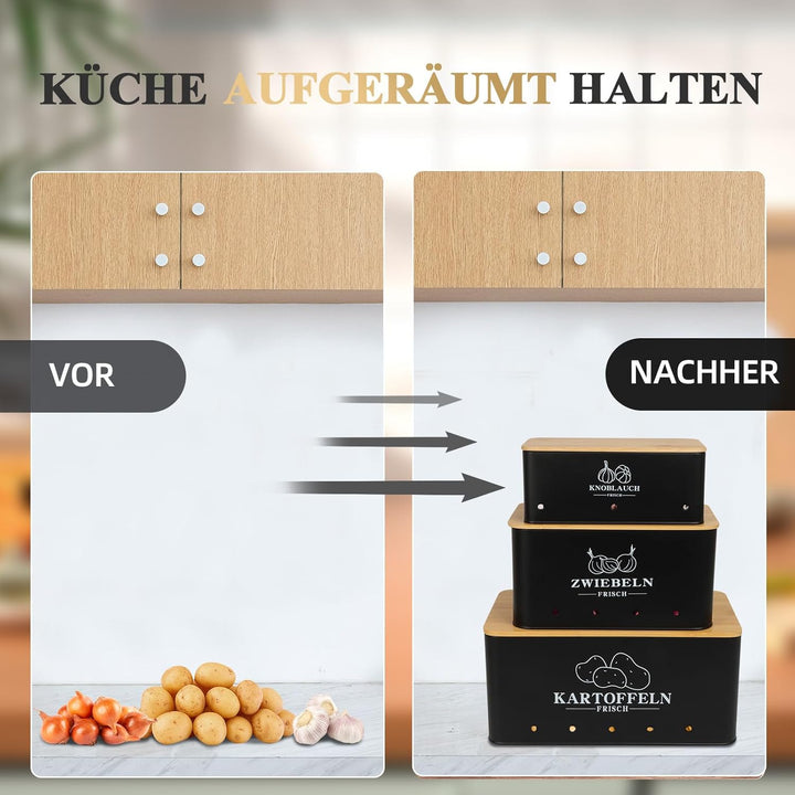 Kartoffel Aufbewahrungsbox 3er Set mit Bambusdeckel, Aufbewahrung für Kartoffeln Zwiebeln Knoblauch,
