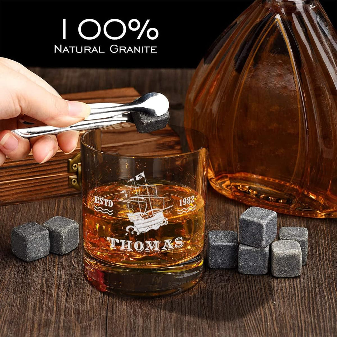 5-TLG Whisky Steine Set personalisiert - 9x Eiswürfel, 1x Holzkiste, 1x Zange, 1x Whiskyglas und 1x