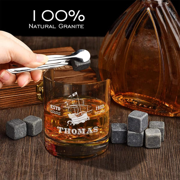 5-TLG Whisky Steine Set personalisiert - 9x Eiswürfel, 1x Holzkiste, 1x Zange, 1x Whiskyglas und 1x