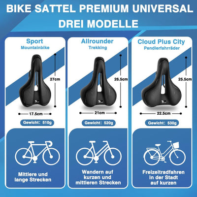 Bike Sattel Premium Universal Cloud Plus Fahrradsattel Bequem Weich Memory Schaum Radsattel Cityrads