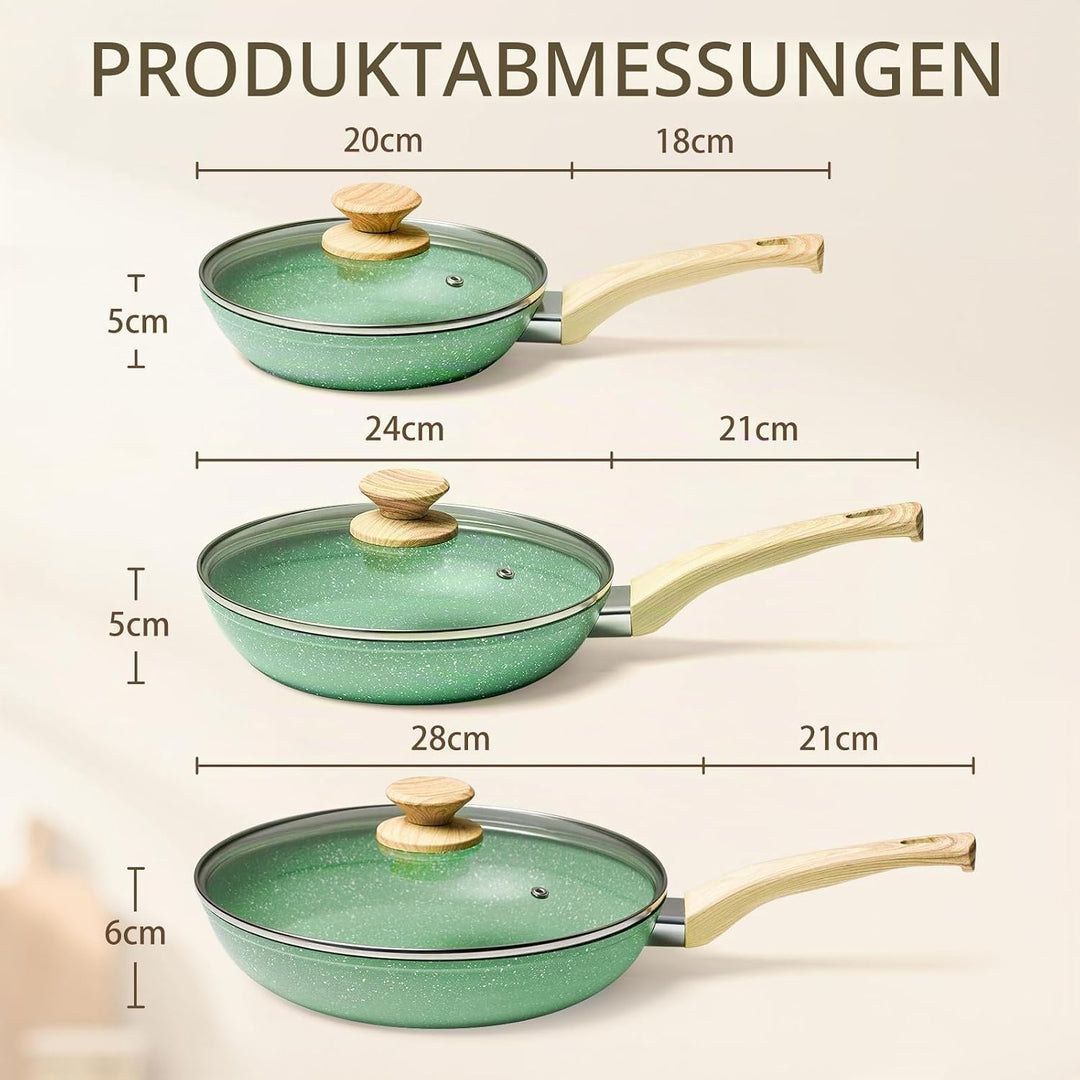 Innerwell Antihaft Pfannenset mit Deckel 3-teilig, 20/24/28 cm, Grün | Pfannen Induktion mit Keramik