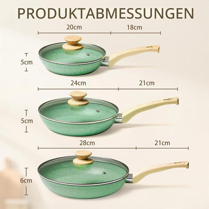 Innerwell Antihaft Pfannenset mit Deckel 3-teilig, 20/24/28 cm, Grün | Pfannen Induktion mit Keramik