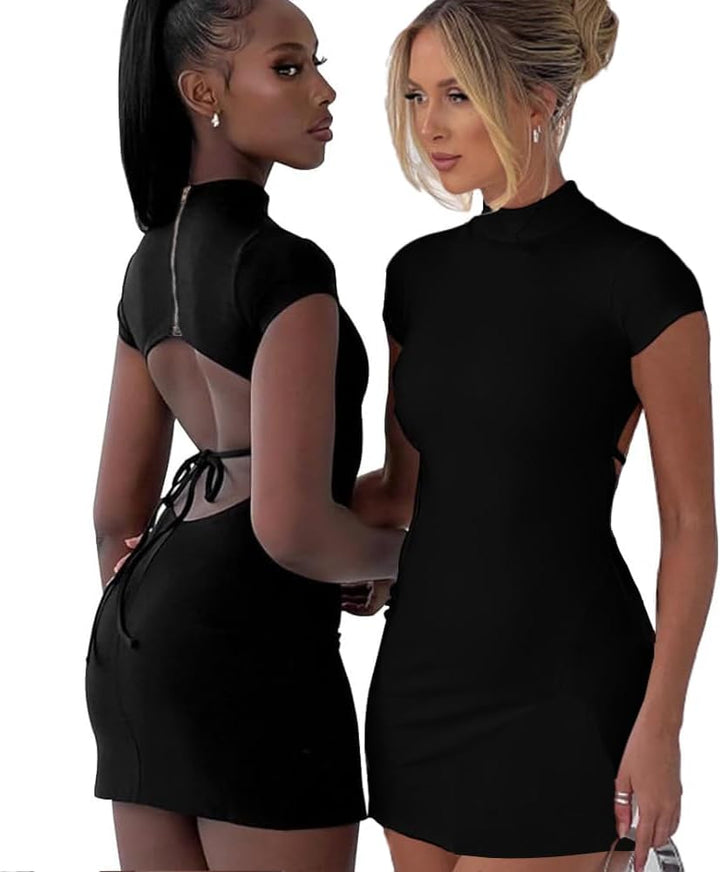 KBRPEY Sommerkleid Damen Kurz Rundhalsausschnitt Cut Out Kleid mit Schlitz Bodycon Elegant Ärmellos