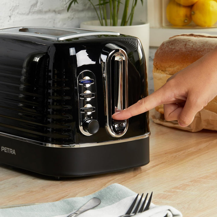 Petra PT5573BLKVDE Toaster – 2 Toastschlitze mit integrierter Brötchen-Warmhalterung für Gebäck, 6 v