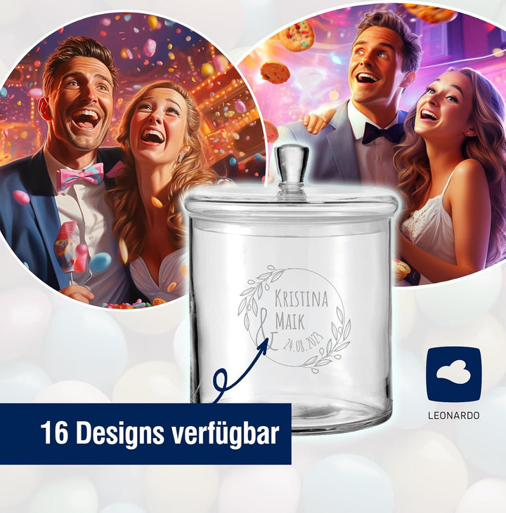 LALALO Leonardo Keksdose mit Gravur als Hochzeit Geschenk, Keksglas/Bonbonglas personalisiert als Ho
