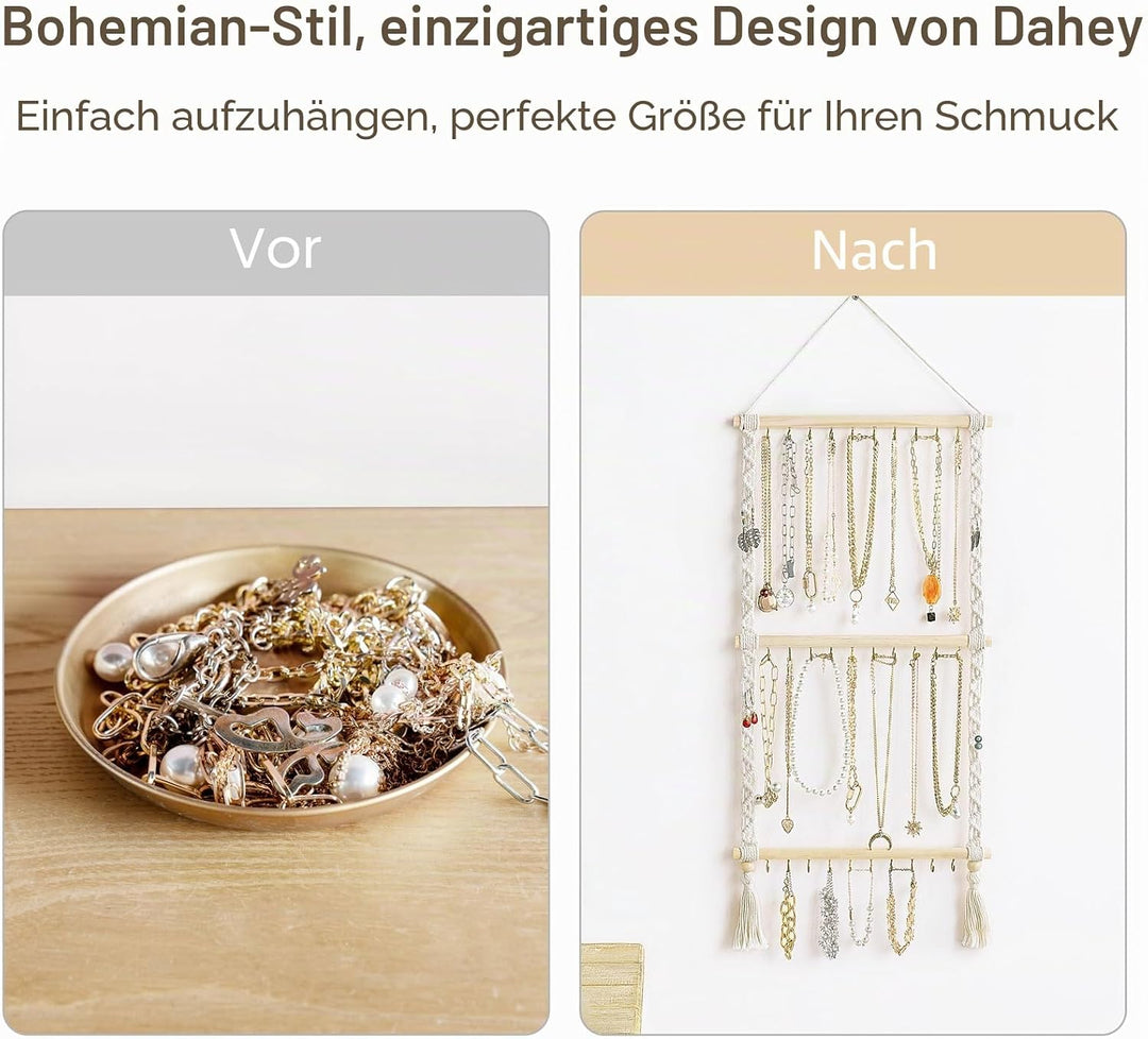 Dahey Hängender Schmuck-Organizer, Makramee-Halskettenhalter mit 30 Haken, Wandmontage, Schmuckaufhä