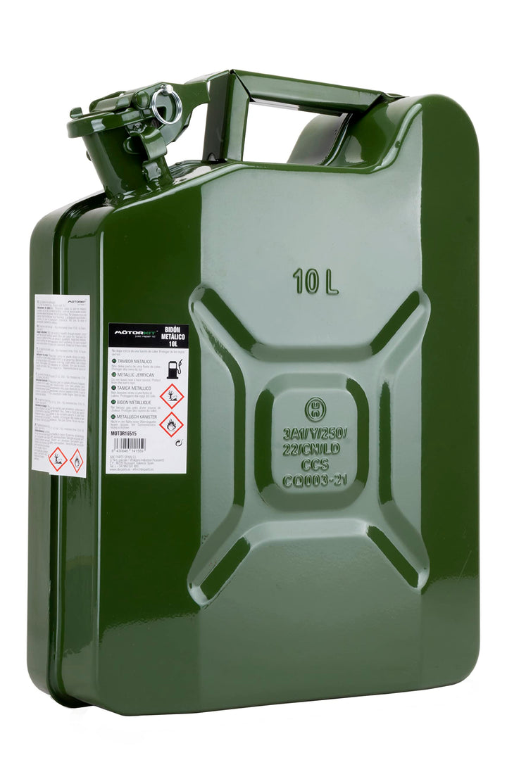 Motorkit 10 Liter Kraftstoffkanister aus Metall mit Bajonettverschluss. Benzinkanister Farbe Olivgrü