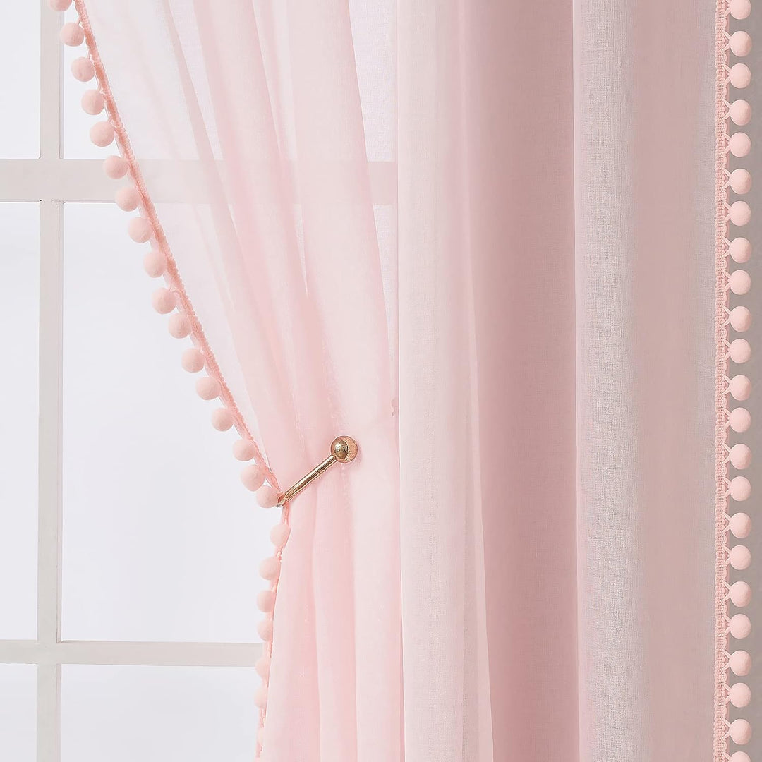 MIULEE Gardinen mit Pompons-Hübsche Korallenrosa Transparent Gardinen für Kinderzimmer Mädchen, 2 St