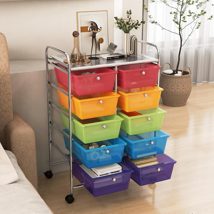 GOPLUS Rollwagen mit 10 Schubladen stapelbar, Rollcontainer mit Ablage &amp; Metallgestell, Badregal, Au