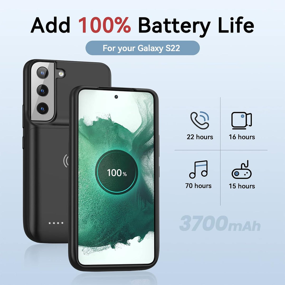 NEWDERY Akku Hülle Für Samsung Galaxy S22, Unterstützt 18W QC und Qi Kabelloses Laden, 4700 mAh Schl