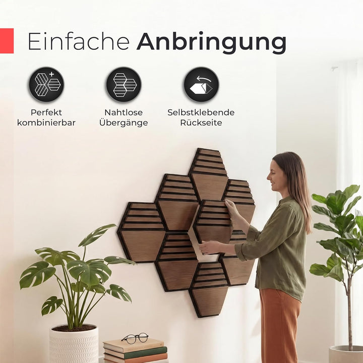 Akustikpaneele Holz selbstklebend – 3er-Set | Echtholz Walnuss & Akustikfilz Schwarz | Hexagon 30x26