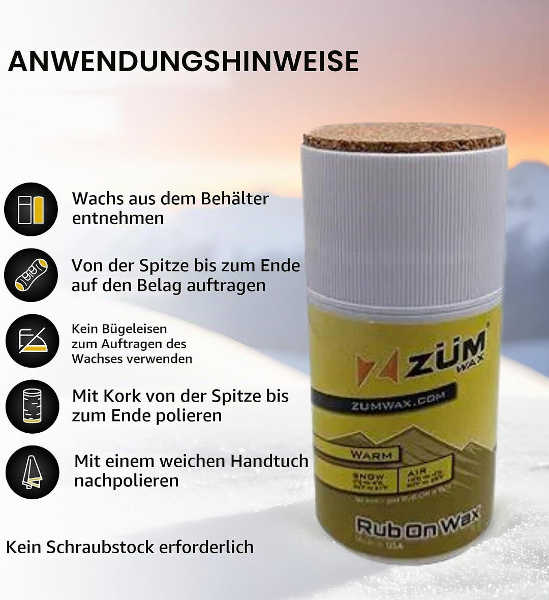 ZUMWax RUB ON WAX Ski/Snowboard - WARM Temperature - 70 gram - INCREDIBLY FAST!!! Excellent spring w
