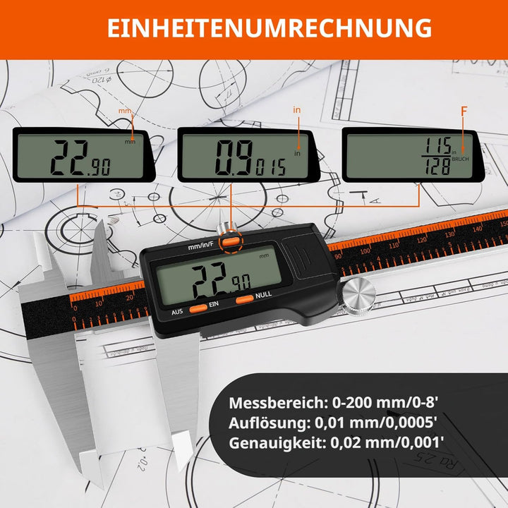 HARDELL Digitaler Messschieber, 0-8 Zoll Messwerkzeug mit grossem LCD-Display, Edelstahl, Auto-Off,