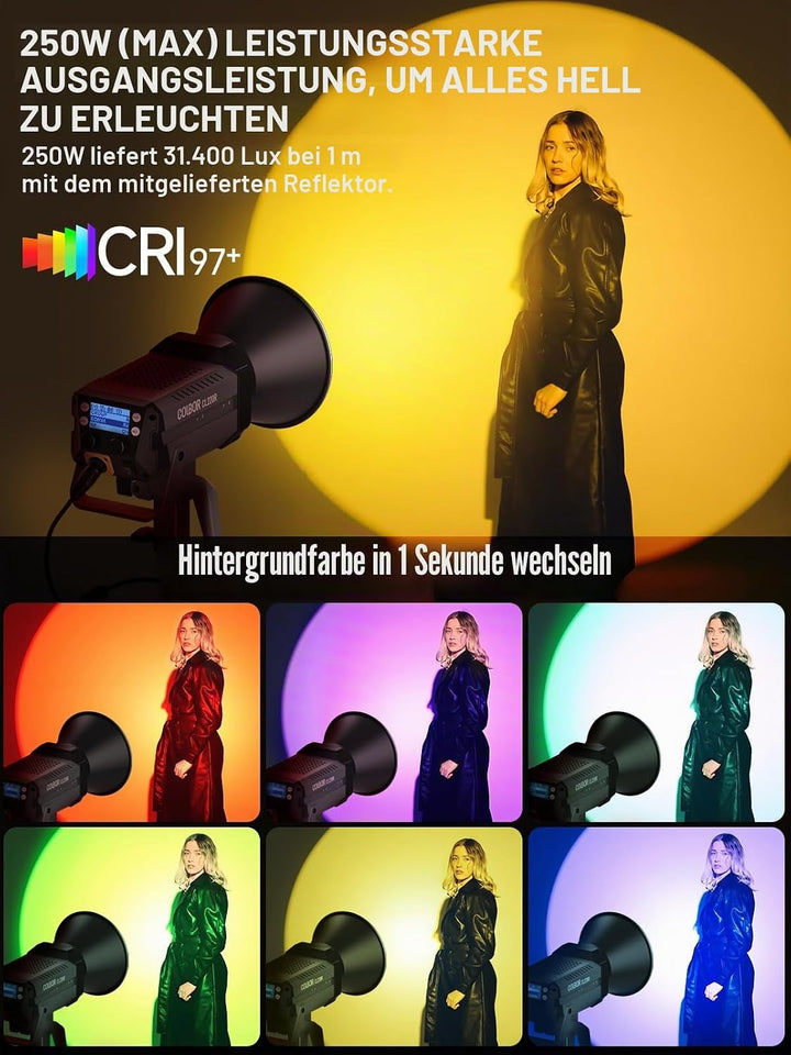 Videoleuchte, Colbor CL220R RGB 220W Dauerlicht mit M/G Balance 2700-6500K CRI96+ Bowens Mount Light
