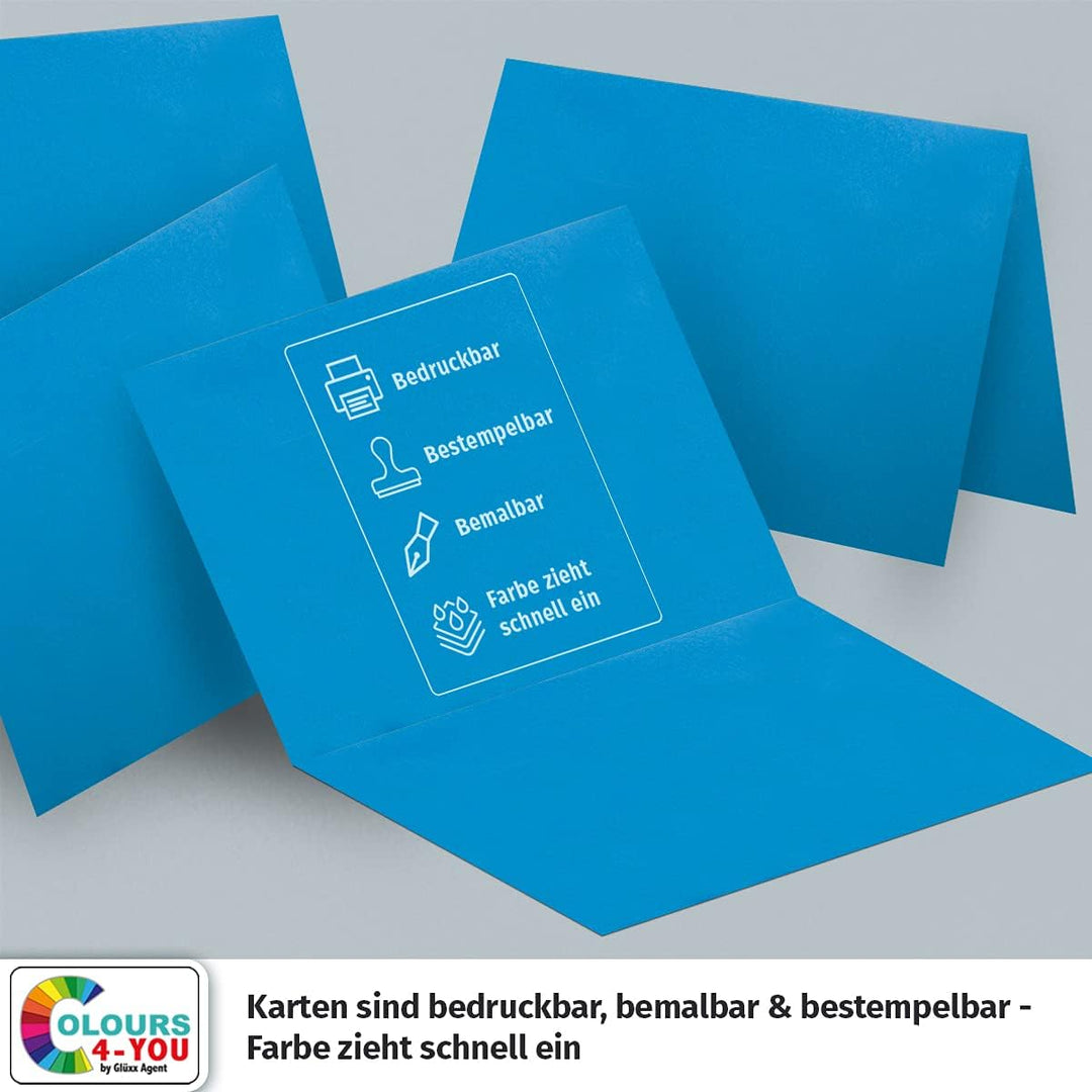 100 Klappkarten mit Umschlägen Set Azurblau - DIN A6 Blanko Doppelkarten 14,8 x 21 cm (160 g/m²) - D