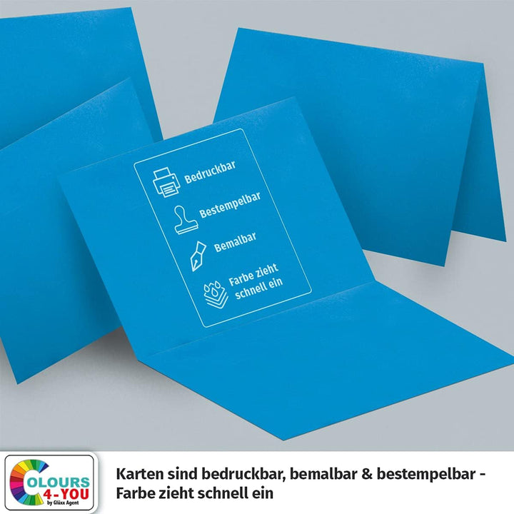100 Klappkarten mit Umschlägen Set Azurblau - DIN A6 Blanko Doppelkarten 14,8 x 21 cm (160 g/m²) - D