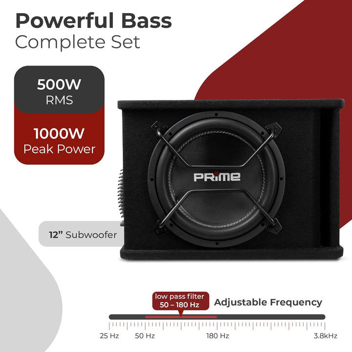 Caliber BC112SA-PRO Subwoofer Aktiv Set für Auto – 12 Zoll Bassbox mit Verstärker – 500W RMS – 1000W