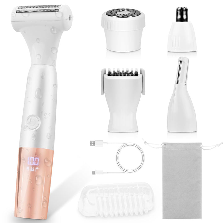 5-In-1 Bikini Trimmer, Kabellos Rasierer Damen, Elektrischer Intimrasierer für Frauen, IPX7 Wasserdi