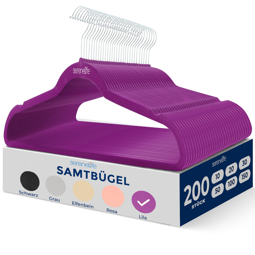 SereneLife Kleiderbügel Samt, 200 Stück- Bügel, Hangers- Rutschfest & Platzsparend, Ultradünn mit 36