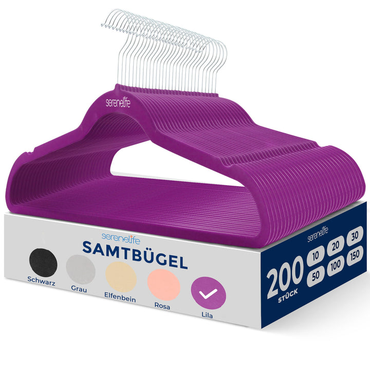 SereneLife Kleiderbügel Samt, 200 Stück- Bügel, Hangers- Rutschfest & Platzsparend, Ultradünn mit 36