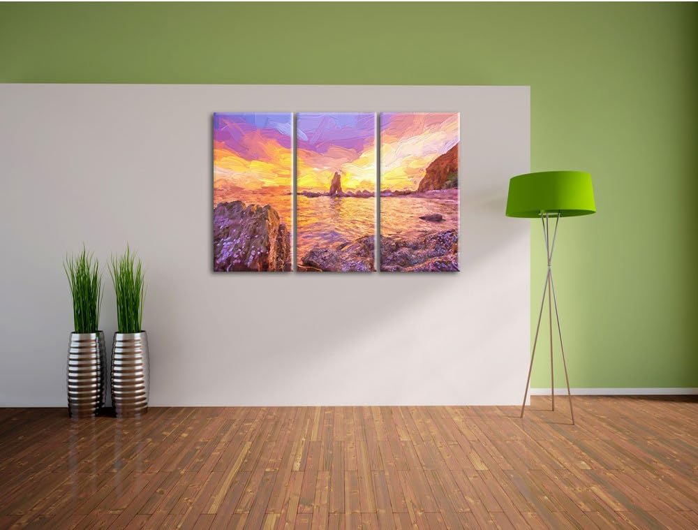Pixxprint Küstenlinie mit schönen Sonnenuntergang Kunst Pinsel Effekt 3-Teiler Leinwandbild 120x80 B