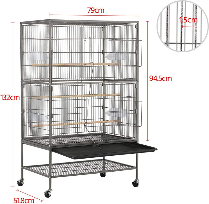 Yaheetech Vogelvoliere Vogelkäfig 2 Türen Vogelhaus Käfig mit 4 Rollen Nagervoliere 131cm hoch