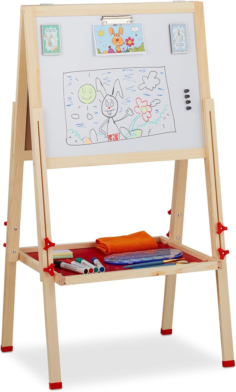 Relaxdays Standtafel Kinder, Whiteboard und Kreidetafel, höhenverstellbar, Aufsteller Holz, 102-135