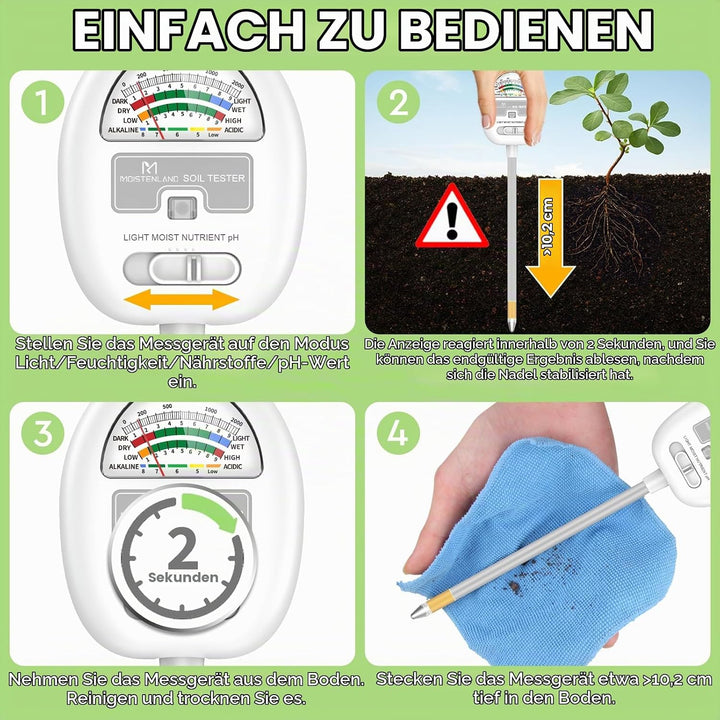 [Upgraded] Bodenfeuchtigkeitsmesser, 4-in-1 Boden-pH-Tester, Bodenfeuchtigkeit/Licht/Nährstoff/pH-Me
