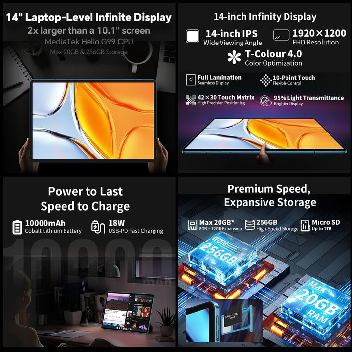 TECLAST T70 Tablet 14" Zoll Top Gaming Tablets Android, Helio G99 2.2GHz Octa-Core, 20GB RAM+256GB R