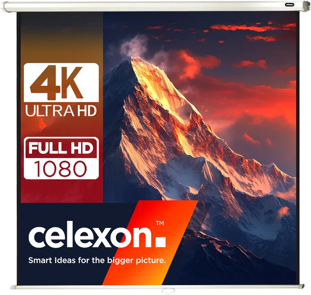 celexon manuell ausziehbare Heimkino- und Business-Beamer-Leinwand 4K und Full-HD Rollo-Leinwand Eco