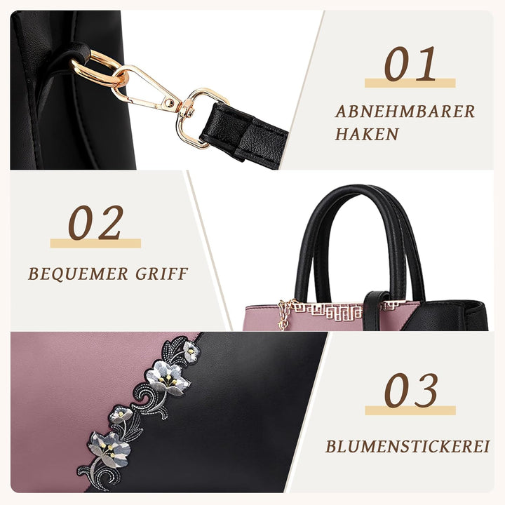 VARLIVOO Damen Handtasche Schultertasche Blumenmuster Frauen Umhängetasche Pom Pom Dekoration Shoppe