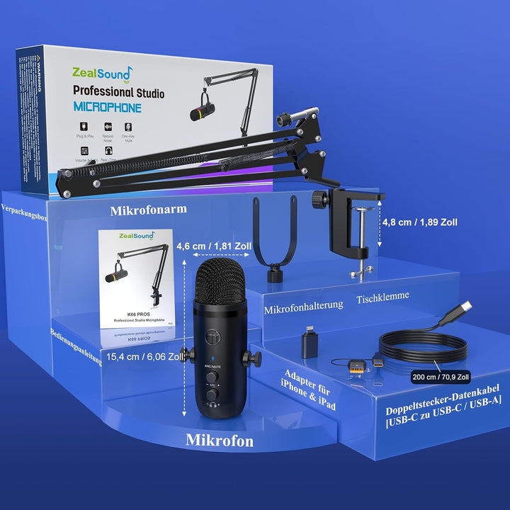 zealsound Podcast Mikrofon mit Arm -RGB Rauschunterdrückung Gaming Kondensatormikrofon für PC & Hand