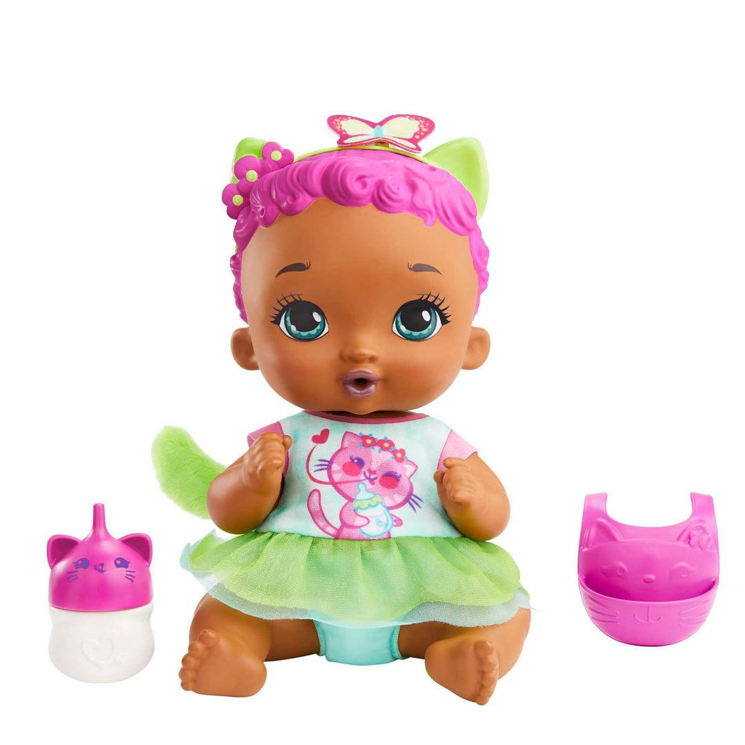 MY GARDEN BABY Katzenbaby-Puppe - Pinkes Haar, Grüner Rock, Jasminduft, Lätzchen, Fläschchen, Stoffw
