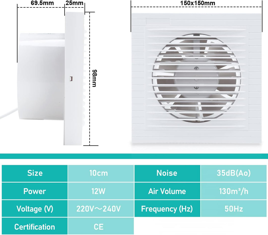 Badlüfter 100mm, Badezimmerlüfter Lüfter für Effiziente Belüftung Leiser Betrieb Ventilator, für Küc