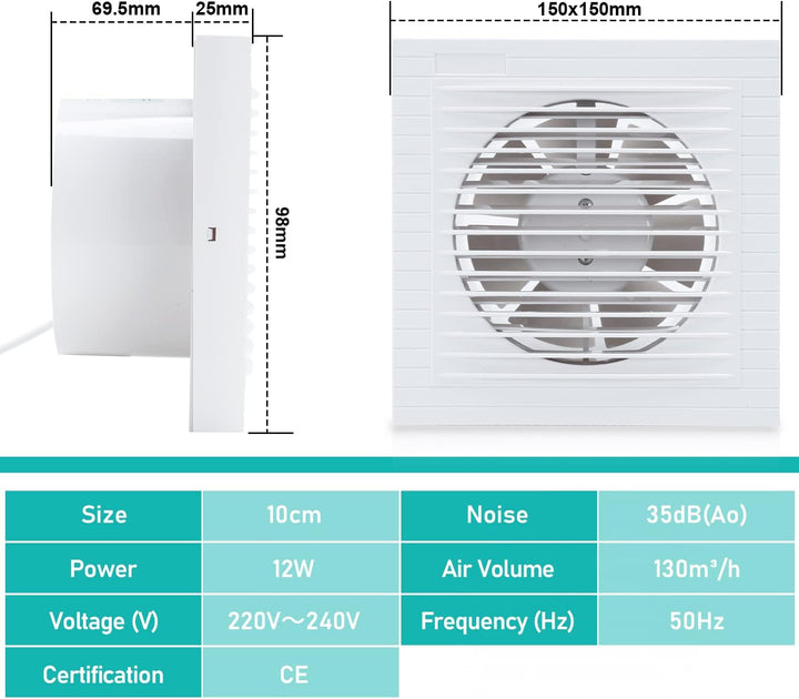 Badlüfter 100mm, Badezimmerlüfter Lüfter für Effiziente Belüftung Leiser Betrieb Ventilator, für Küc