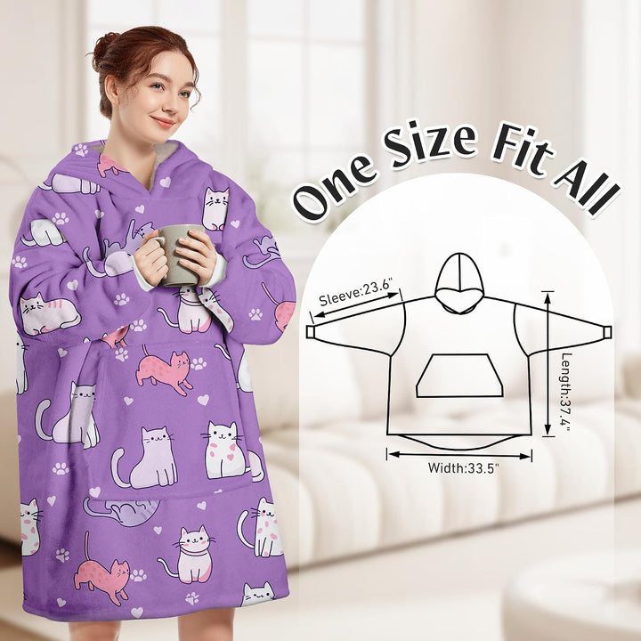 Hoodie Decke Oversize Katze Lila mit Ärmeln Kuscheldecke Deckenpullover für Damen Herren, Tragbare D