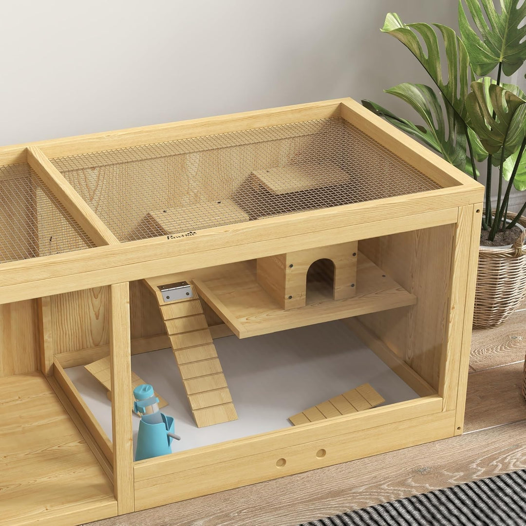 PawHut Hamsterkäfig aus Holz, 100 cm Kleintierstall, Kleintierkäfig Spielhaus für Gerbils Nagerkäfig