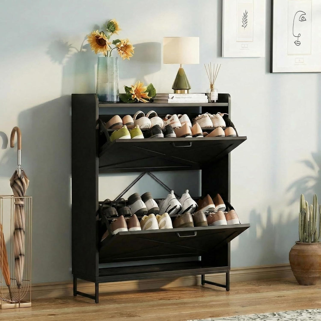 VOWNER schmal Schuhschrank 2 Klappen, verstellbar Schuhregal Schuhkipper, platzsparend Schuhablage f