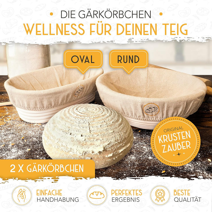 KRUSTENZAUBER Gärkorb zum Brotbacken + Bäckermesser - Set aus 2x Gärkörbchen u. 2x Teigmesser - Brot
