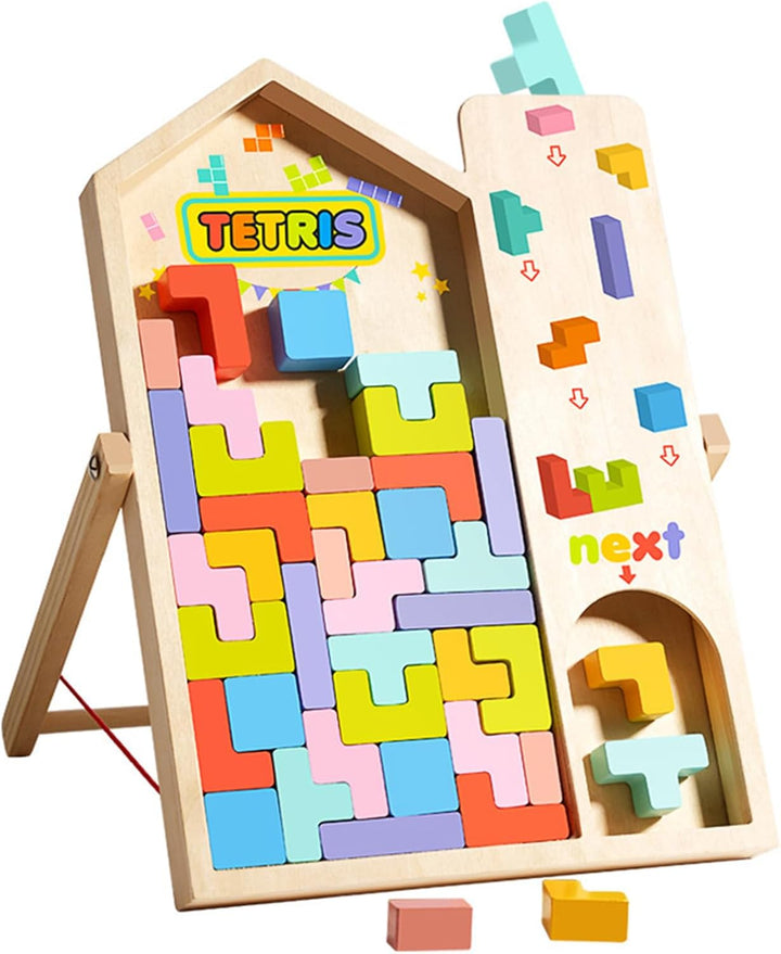 Montessori Tetris Holzspiel, Holz Tetris Stapelpuzzle mit Halterung, Eltern Kind Interaktives Holzpu