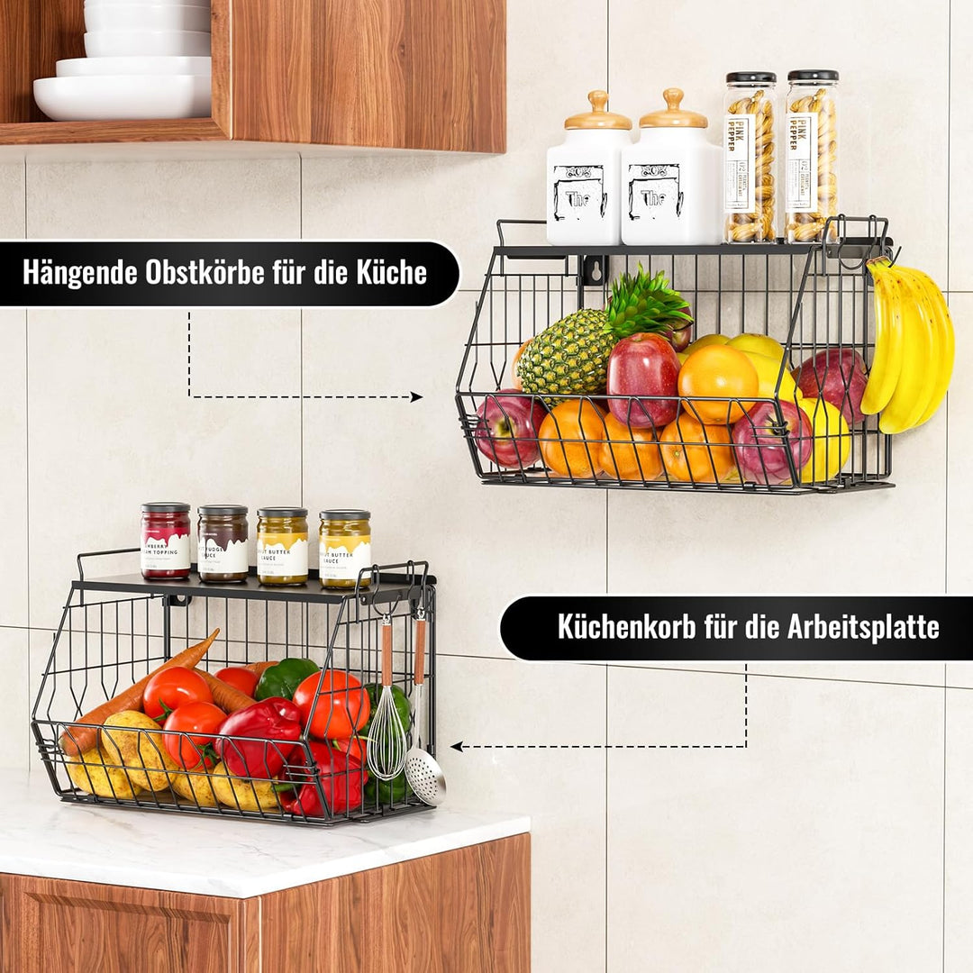 YSD 2-Etagen Metall Obstkorb Hängend, Wand Regal Küche, Gemüseregal - Stapelbarer Küchenorganizer fü