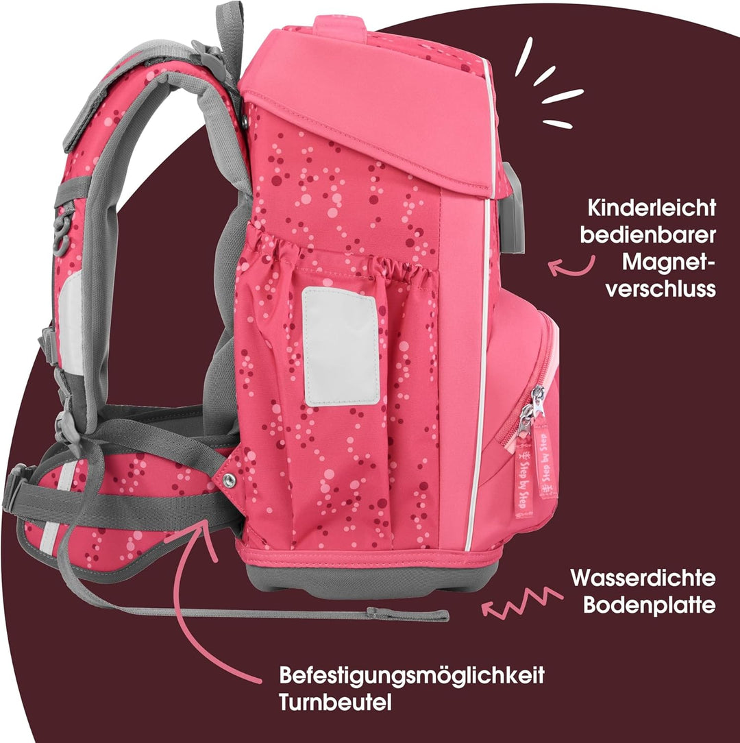 Step by Step Basis Schulranzen-Set „Pink Bubbles“, 4-teilig, rosa, ergonomischer Tornister mit Refle