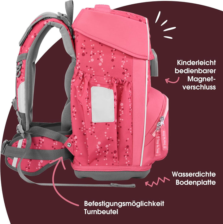 Step by Step Basis Schulranzen-Set „Pink Bubbles“, 4-teilig, rosa, ergonomischer Tornister mit Refle