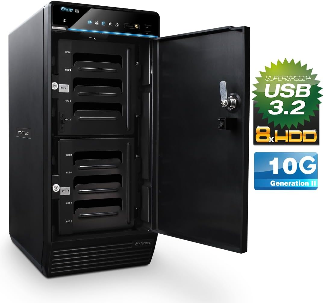 FANTEC QB-X8U31 8fach USB3.2 Gen2 Festplattengehäuse für 8X SATA 3,5/2,5 Zoll HDDs oder SSDs, Transf